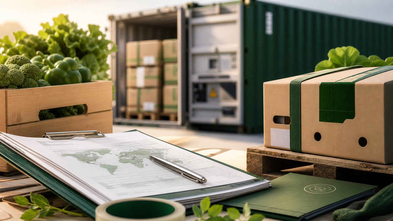 Export documentation, produce cartons, and cold-chain shipment materials prepared for buyer review