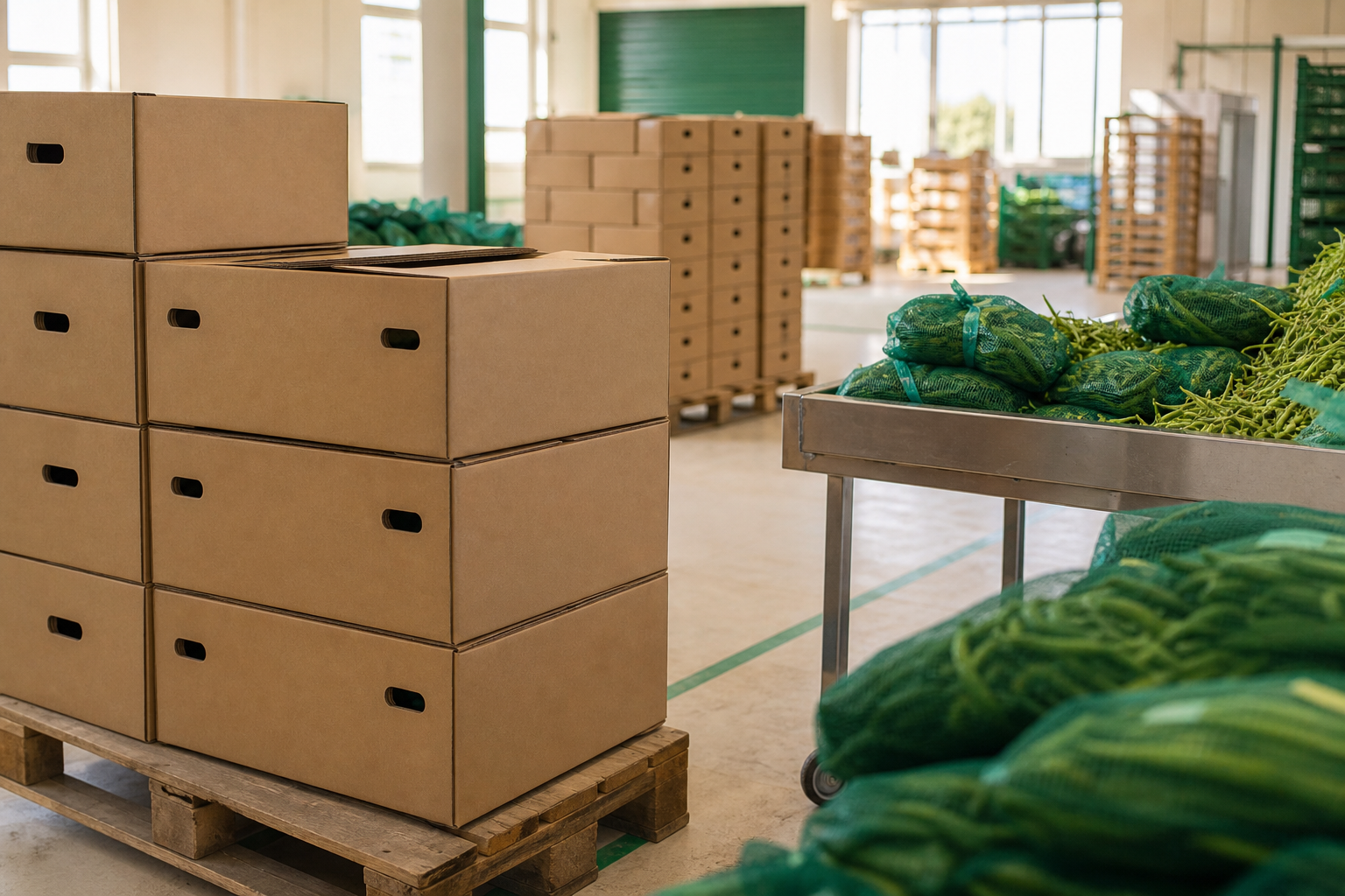 Corrugated export cartons and fresh produce staging inside a packing facility